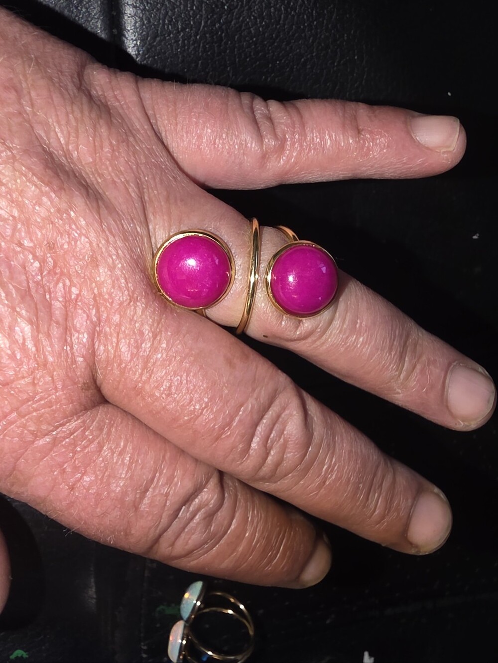 Double Pink Gemstone On Gold Tone Adjustable Ring
